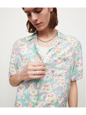 AllSaints Florax Camp Shirt Mens M Floral Print Relaxed Fit Soft Short Sleeve